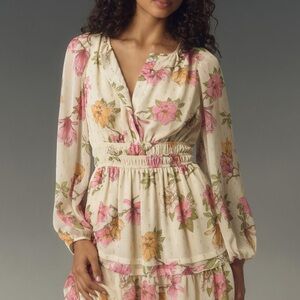 The Somerset Mini Dress Long-Sleeve Edition - Pink Floral Dress - Maeve - Size M